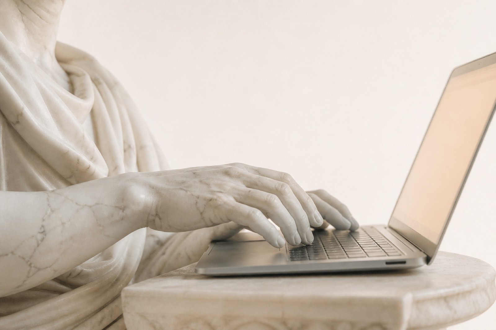 Mãos de mármore digitando em um laptop sobre fundo creme.